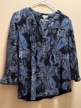 Westport Popover 3/4 Roll-Tab Sleeve, Y-Neck Pintuck Paisley Blue Size XL EUC
